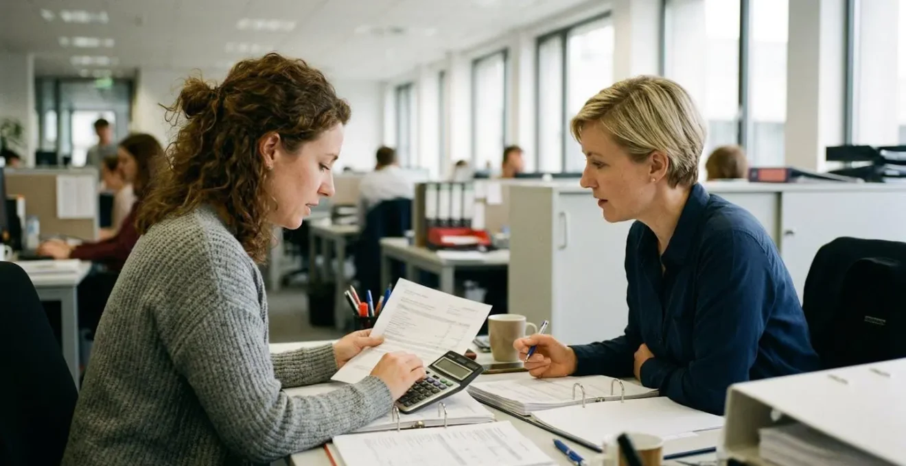 Deux personnes assises dans un bureau échangent, l'une tenant une calculatrice et un document chiffré, vue de profil