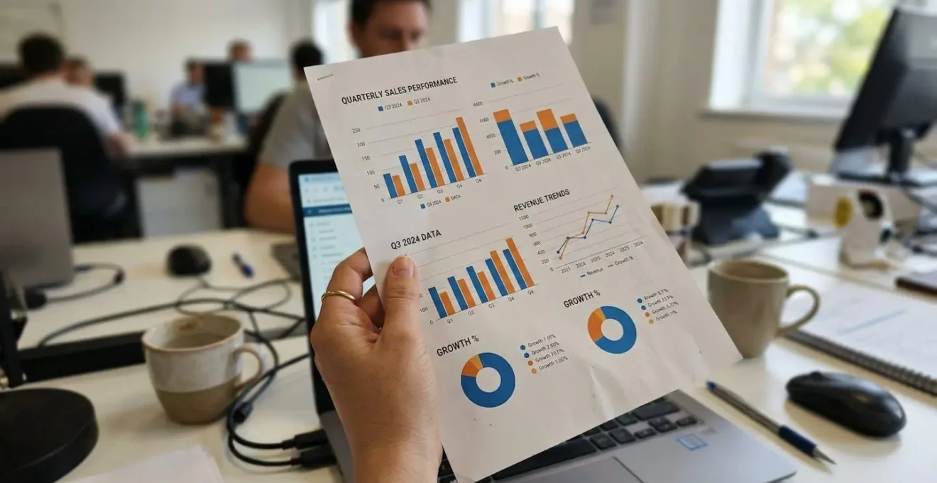 Une main tient un document imprimé comportant des graphiques, avec un bureau légèrement flouté en arrière-plan