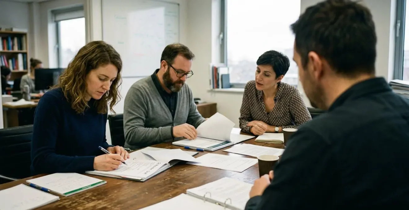 Trois personnes assises autour d'une table de réunion consultent des documents papier, vue légèrement en plongée dans une salle de réunion d'entreprise