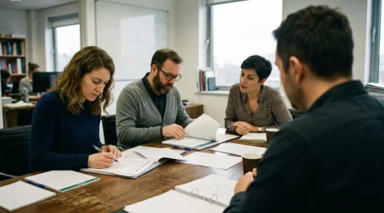Trois personnes assises autour d'une table de réunion consultent des documents papier, vue légèrement en plongée dans une salle de réunion d'entreprise