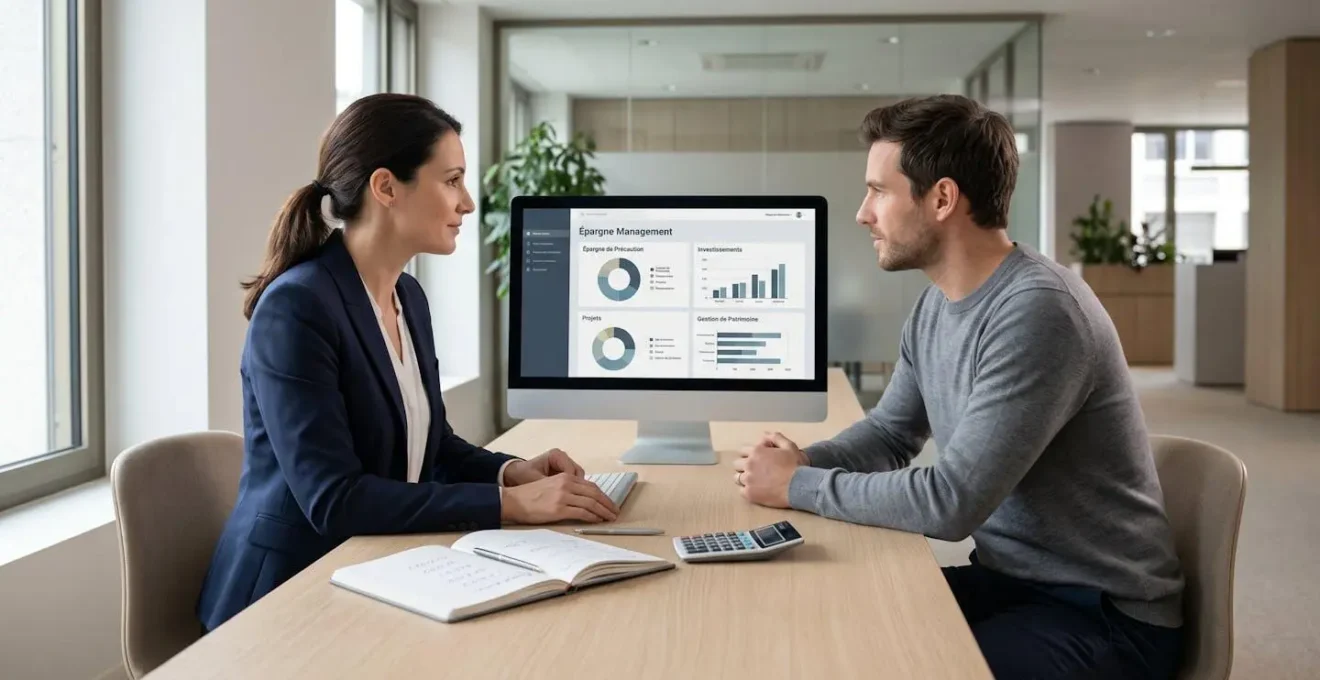 Un conseiller bancaire et un client consultent ensemble un écran affichant une interface de gestion d'épargne dans une agence française contemporaine, avec carnet de notes et calculatrice sur le bureau