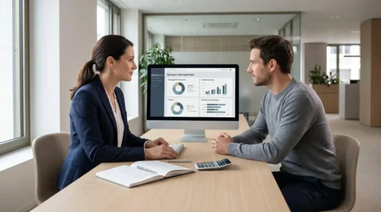 Un conseiller bancaire et un client consultent ensemble un écran affichant une interface de gestion d'épargne dans une agence française contemporaine, avec carnet de notes et calculatrice sur le bureau