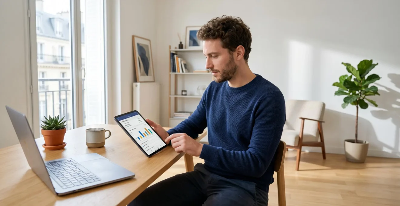Un jeune homme utilise une tablette affichant une application bancaire française dans son salon contemporain, avec ordinateur portable et tasse de café à proximité