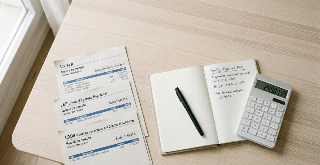 Vue de dessus sur une table avec plusieurs relevés de comptes d'épargne français (Livret A, LEP, LDDS), un stylo, une calculatrice et un carnet de notes manuscrites