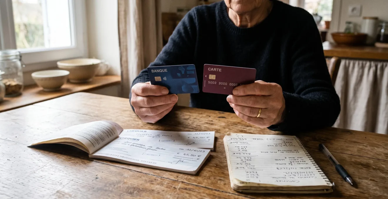 Deux mains comparent deux cartes bancaires sur une table de cuisine