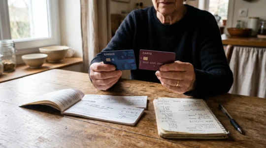Deux mains comparent deux cartes bancaires sur une table de cuisine