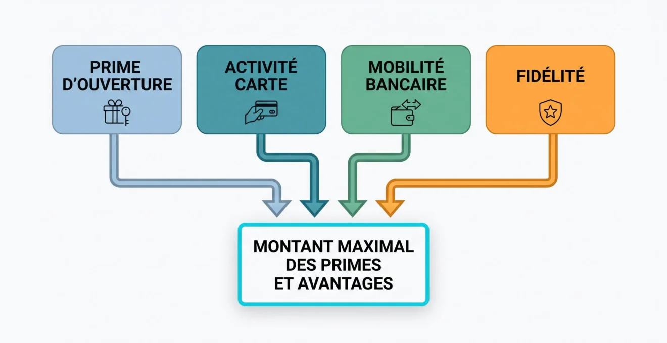 Décomposition d'une prime bancaire entre cash, utilisation de carte, mobilité et fidélité