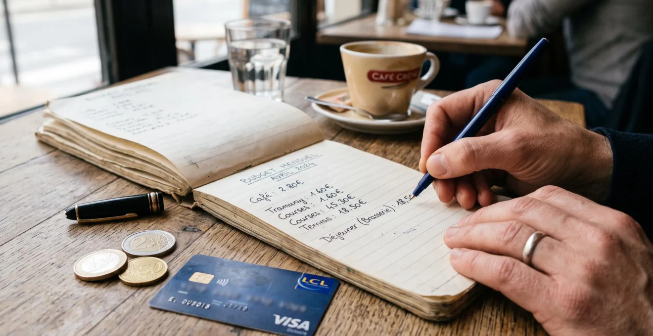 Des mains notent des dépenses dans un carnet près d'une carte bancaire
