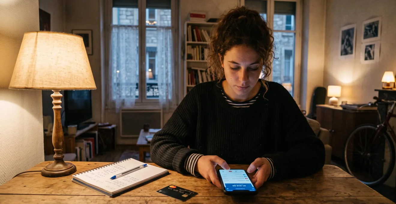 Une personne vérifie son application bancaire sur smartphone à son bureau